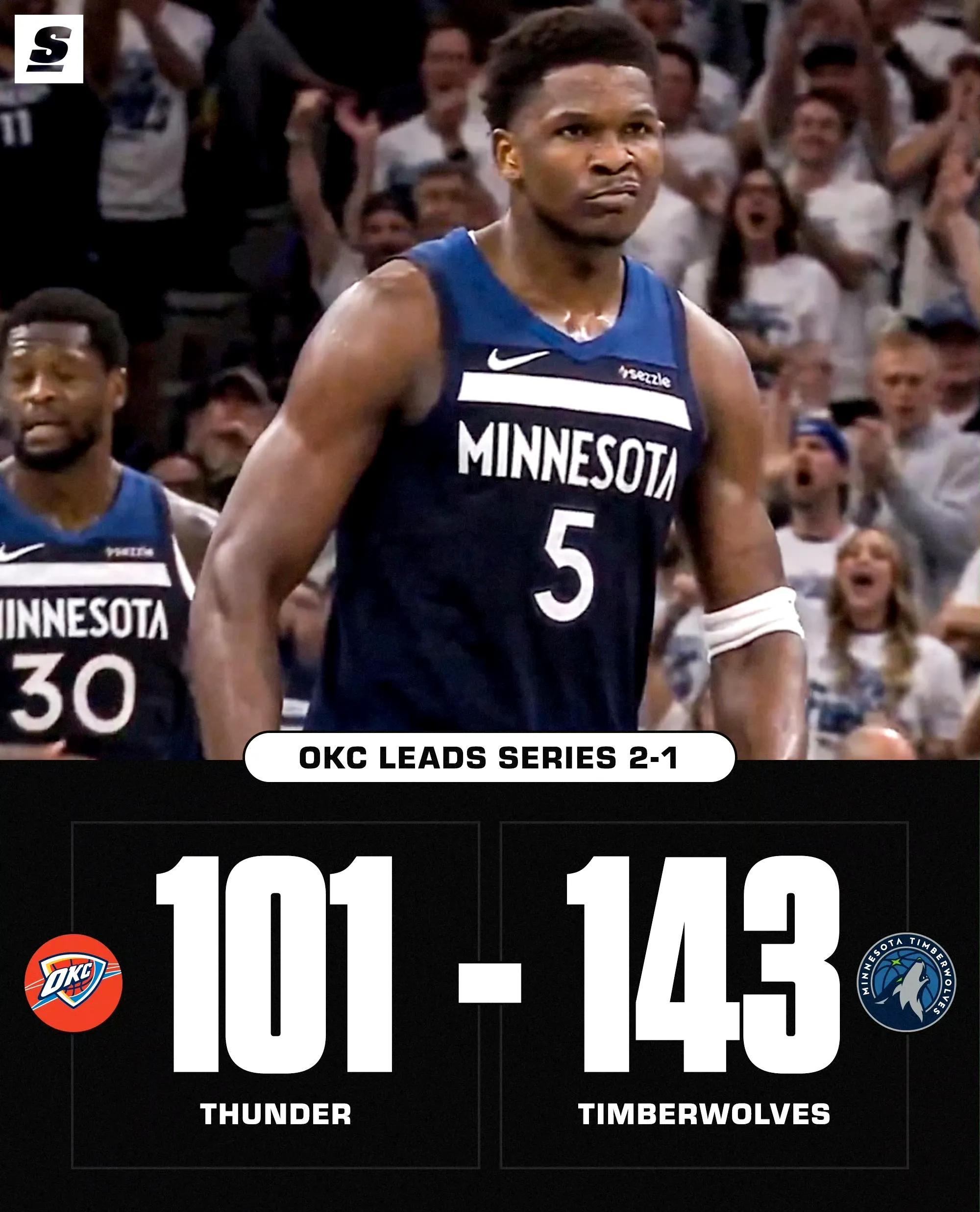 森林狼逆袭掘金，扳平系列赛